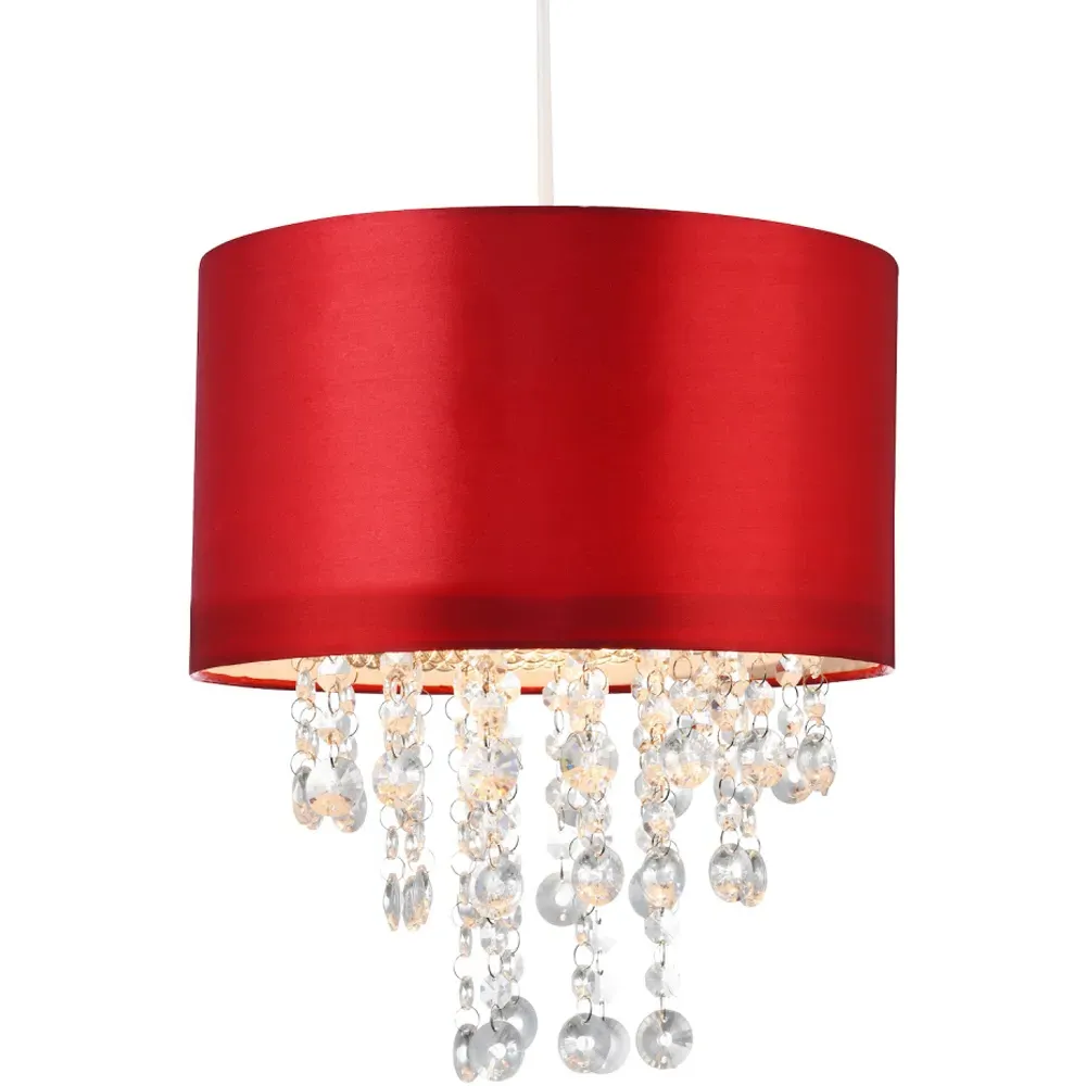 Satin Fabric Pendant Shade with Acrylic Droplets - Red
