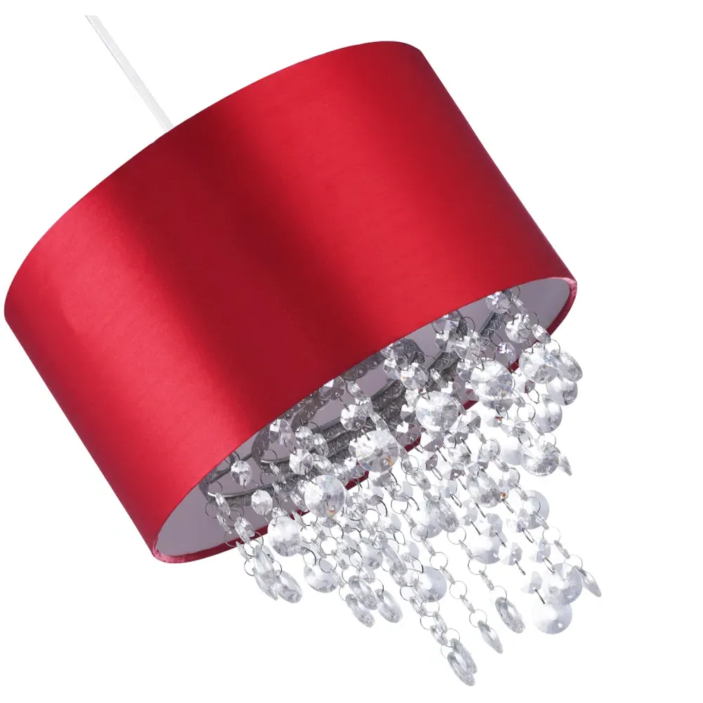 Satin Fabric Pendant Shade with Acrylic Droplets - Red