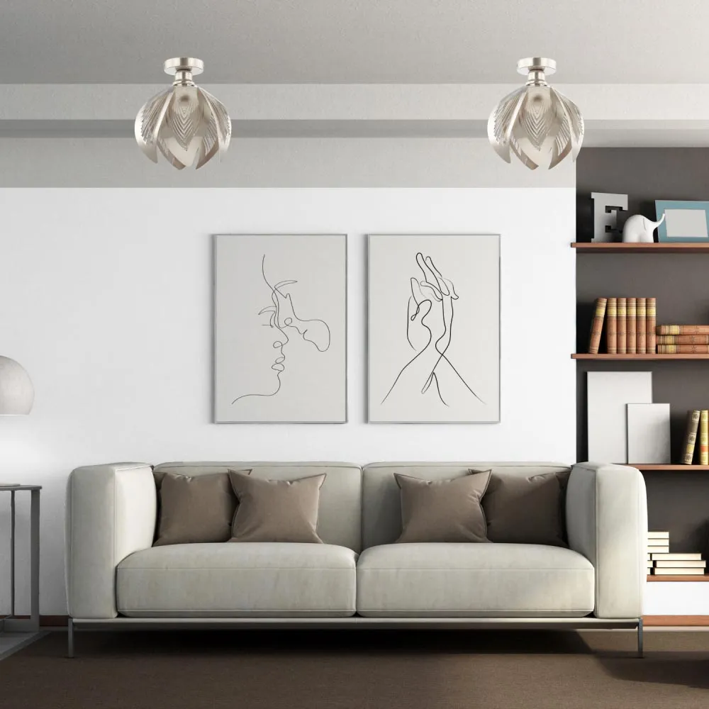 Satin Nickel Semi Flush Ceiling Light with Large Leaves