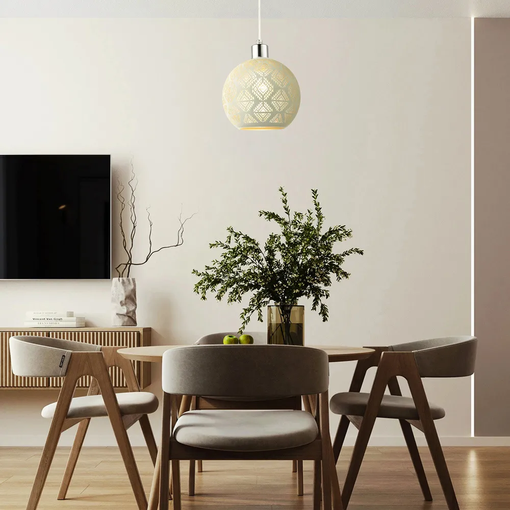 Spherical Pendant Light Shade with Laser Cut Diamond - White