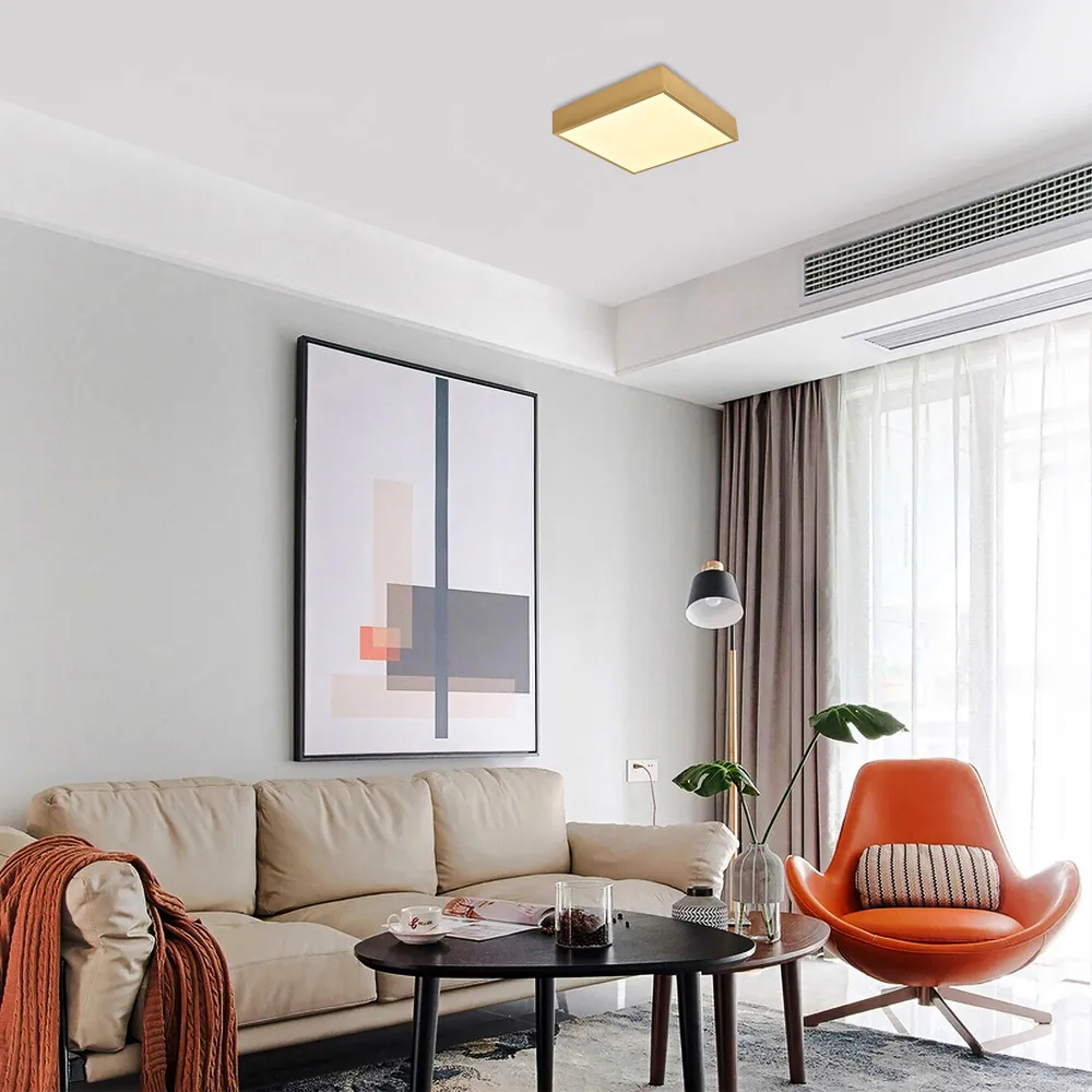 Square LED Flush Ceiling Light - Brushed Gold, Metal