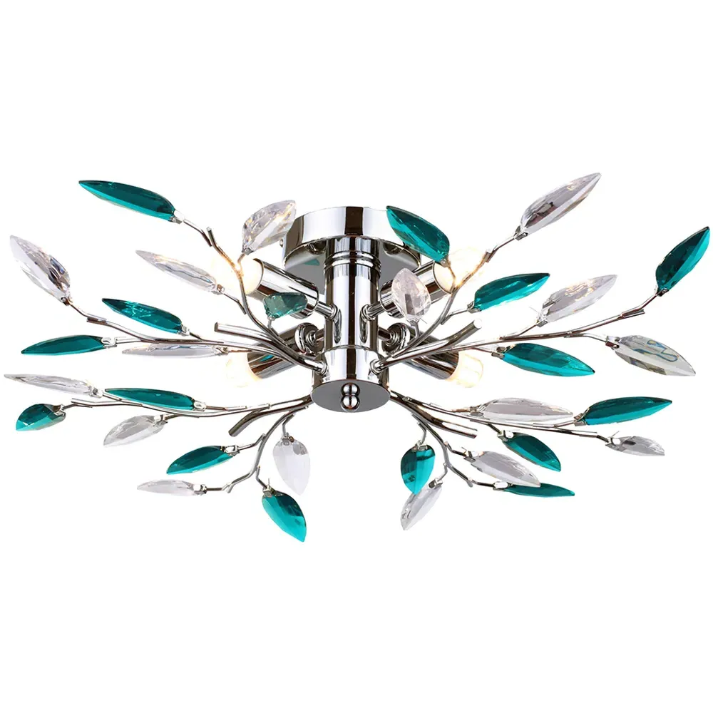 Teal Acrylic Leaves Chrome Semi Flush Ceiling Light