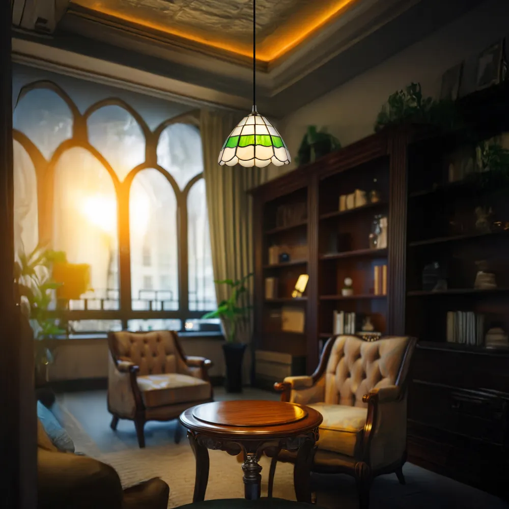 Tiffany Round Pendant Lighting Shade - Green, Stained Glass