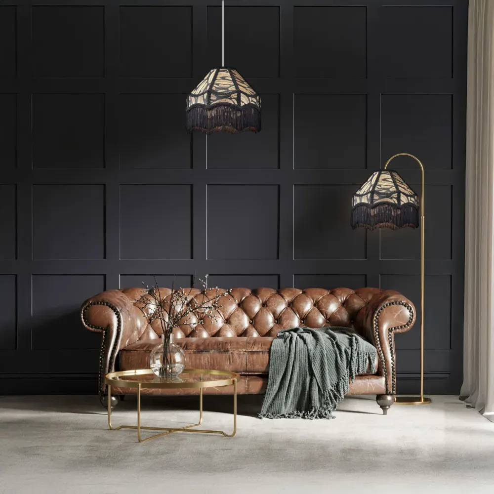 Victorian Empire Pendant Shade with Tassels - Black, Fabric