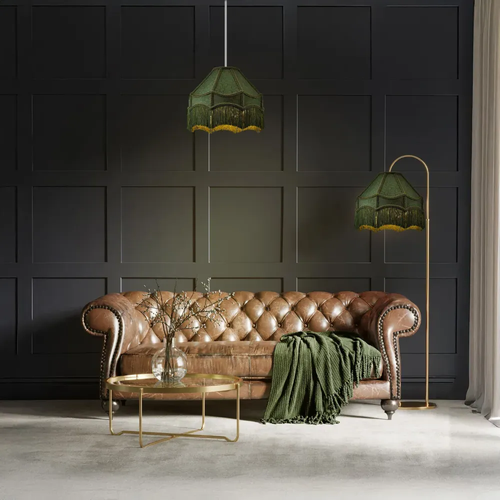 Victorian Empire Pendant Shade with Tassels - Green, Fabric