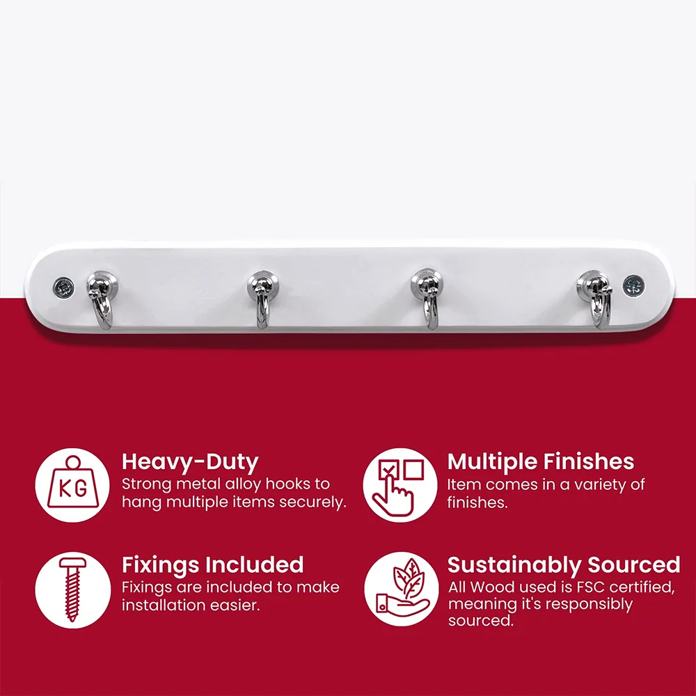 Headbourne 4 Hook Key Tidy Rail - White, Chrome
