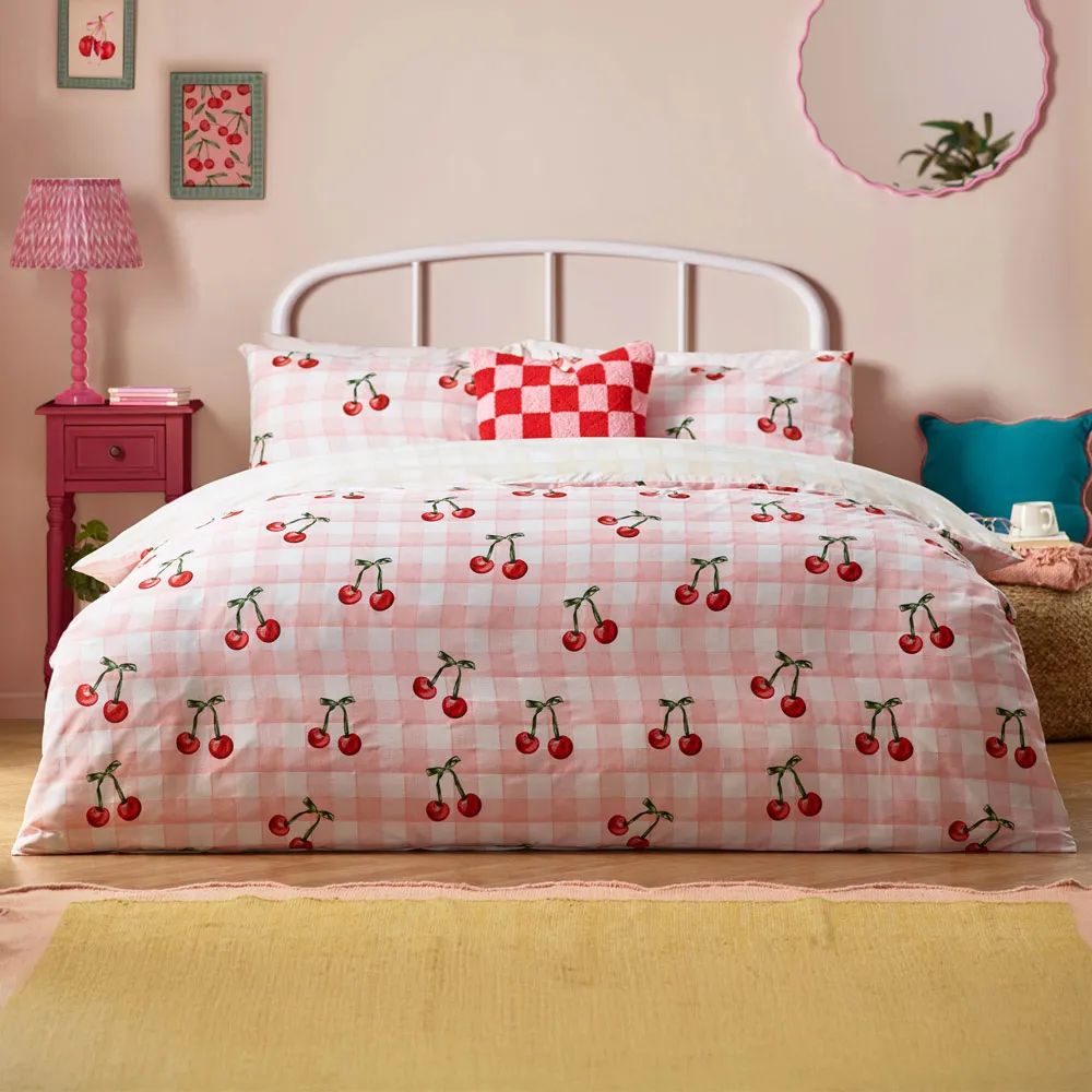 Double Cherry Gingham Duvet Set - Pink, Polycotton