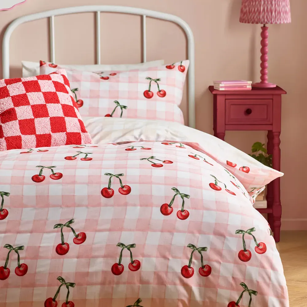 King Size Cherry Gingham Duvet Set - Pink