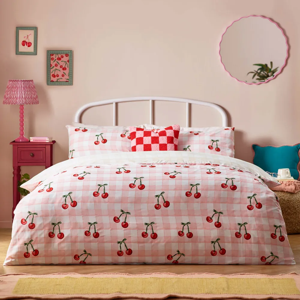 Single Cherry Gingham Duvet Set - Pink, Polycotton
