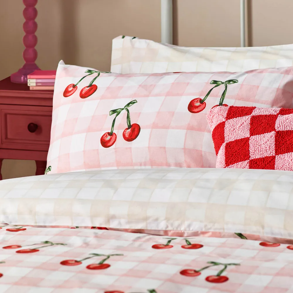 Super King Size Cherry Gingham Duvet Set - Pink