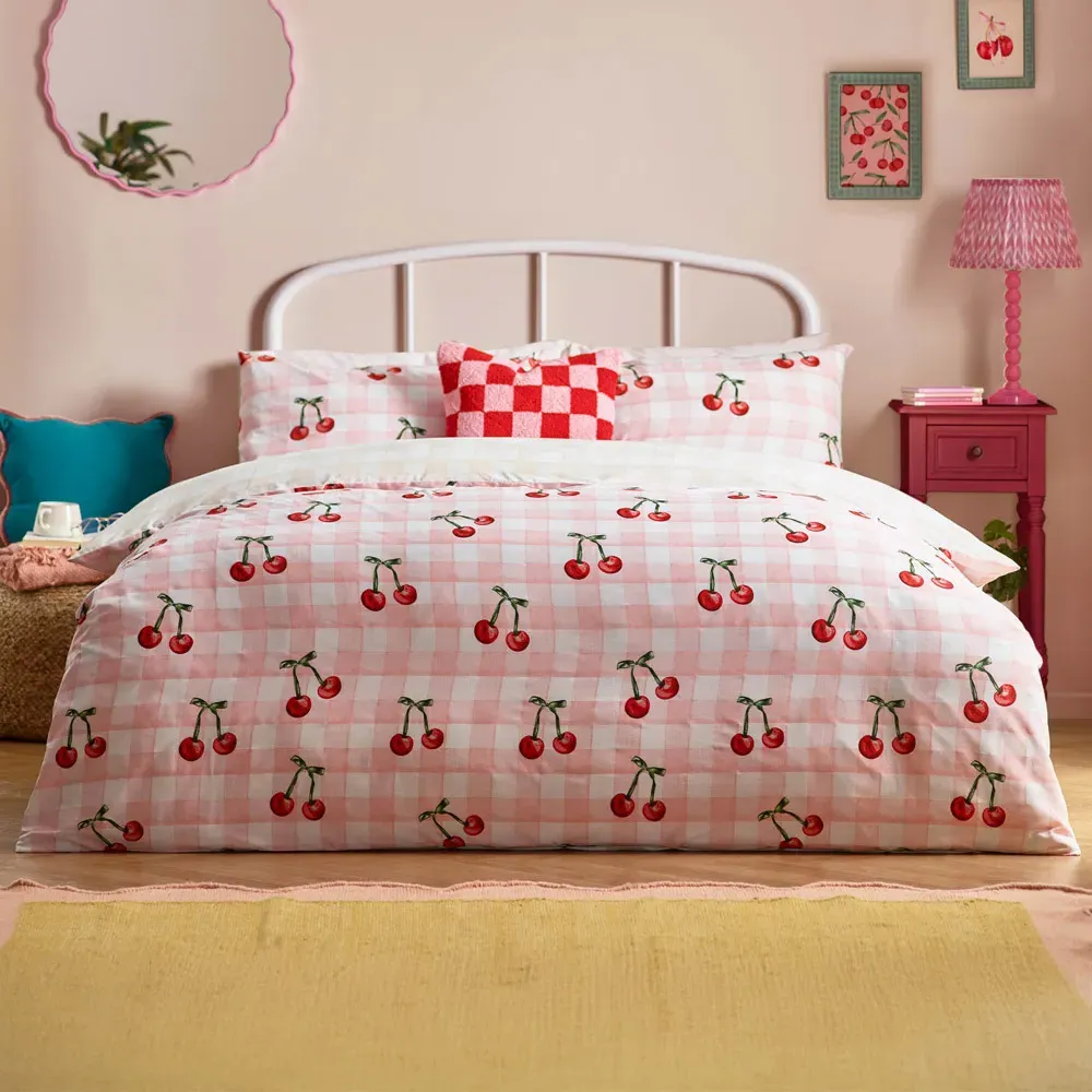 Super King Size Cherry Gingham Duvet Set - Pink