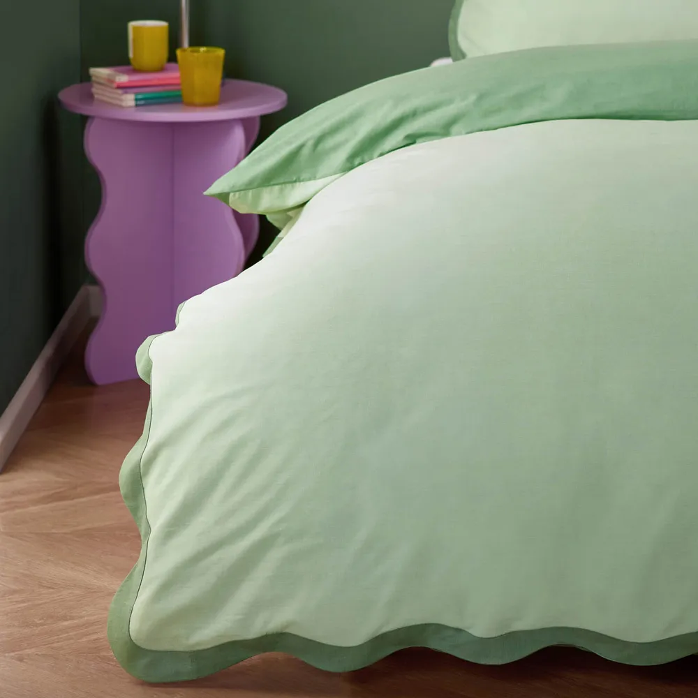 Wiggle Double Duvet Set with Scalloped Trim - Green, Cotton
