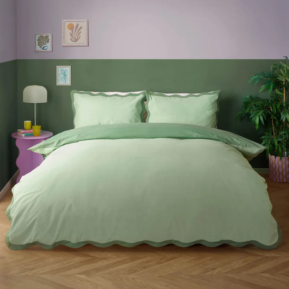 Wiggle Single Duvet Set with Scalloped Trim - Green, Cotton