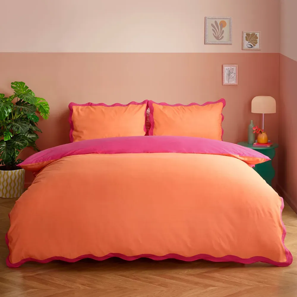 Wiggle Super King Duvet Set with Scalloped Trim - Orange, Cotton