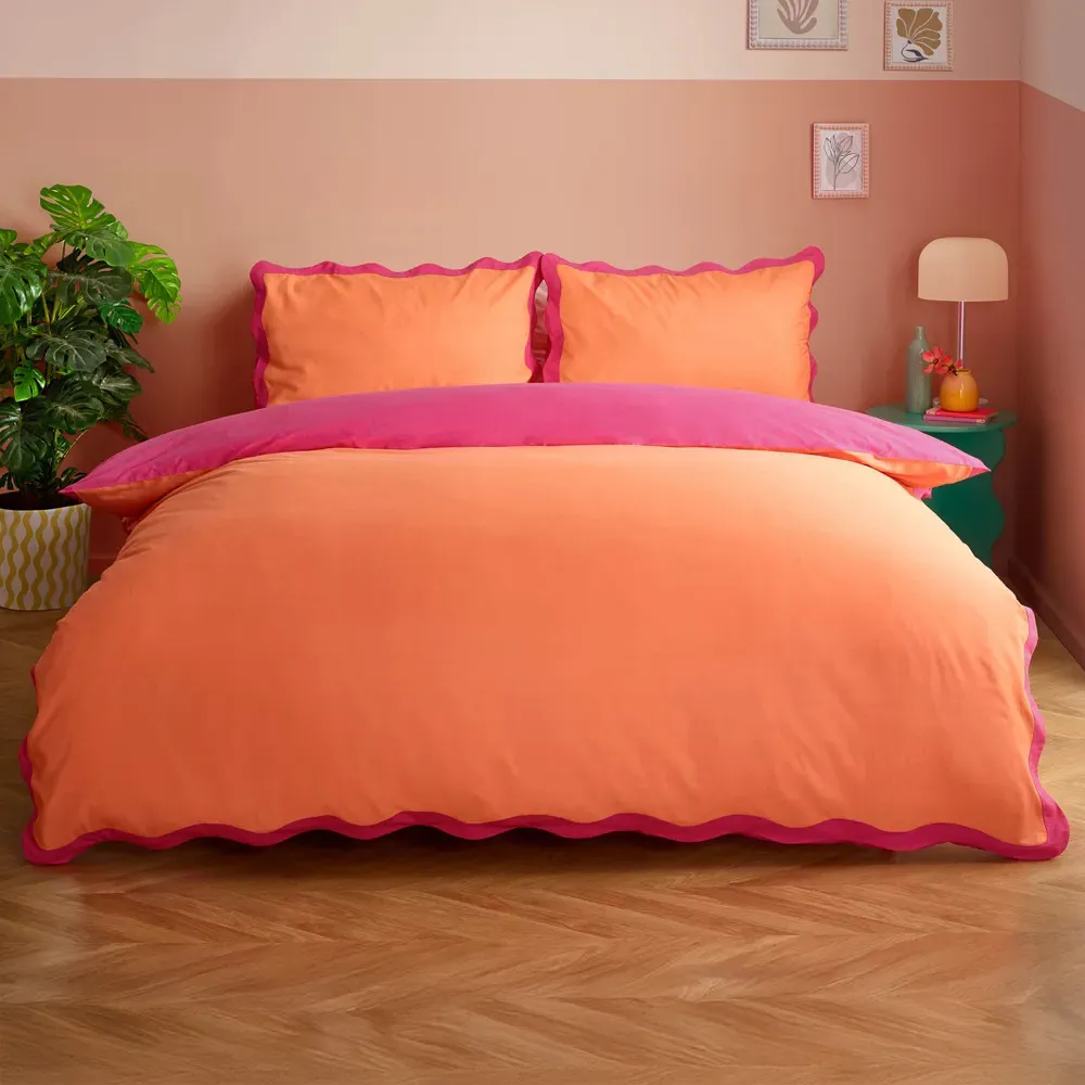 Wiggle Super King Duvet Set with Scalloped Trim - Orange, Cotton