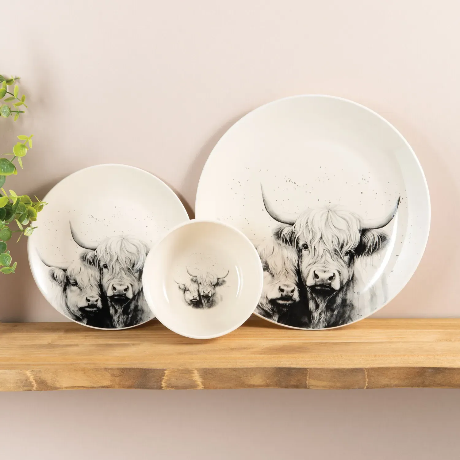 12 Piece Highland Cow Dinner Set - Cream