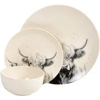 12 Piece Highland Cow Dinner Set - Cream