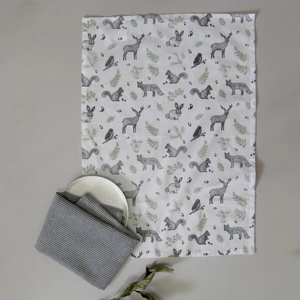 Woodland Kitchen Tea Towels 2 Pack - White, Cotton