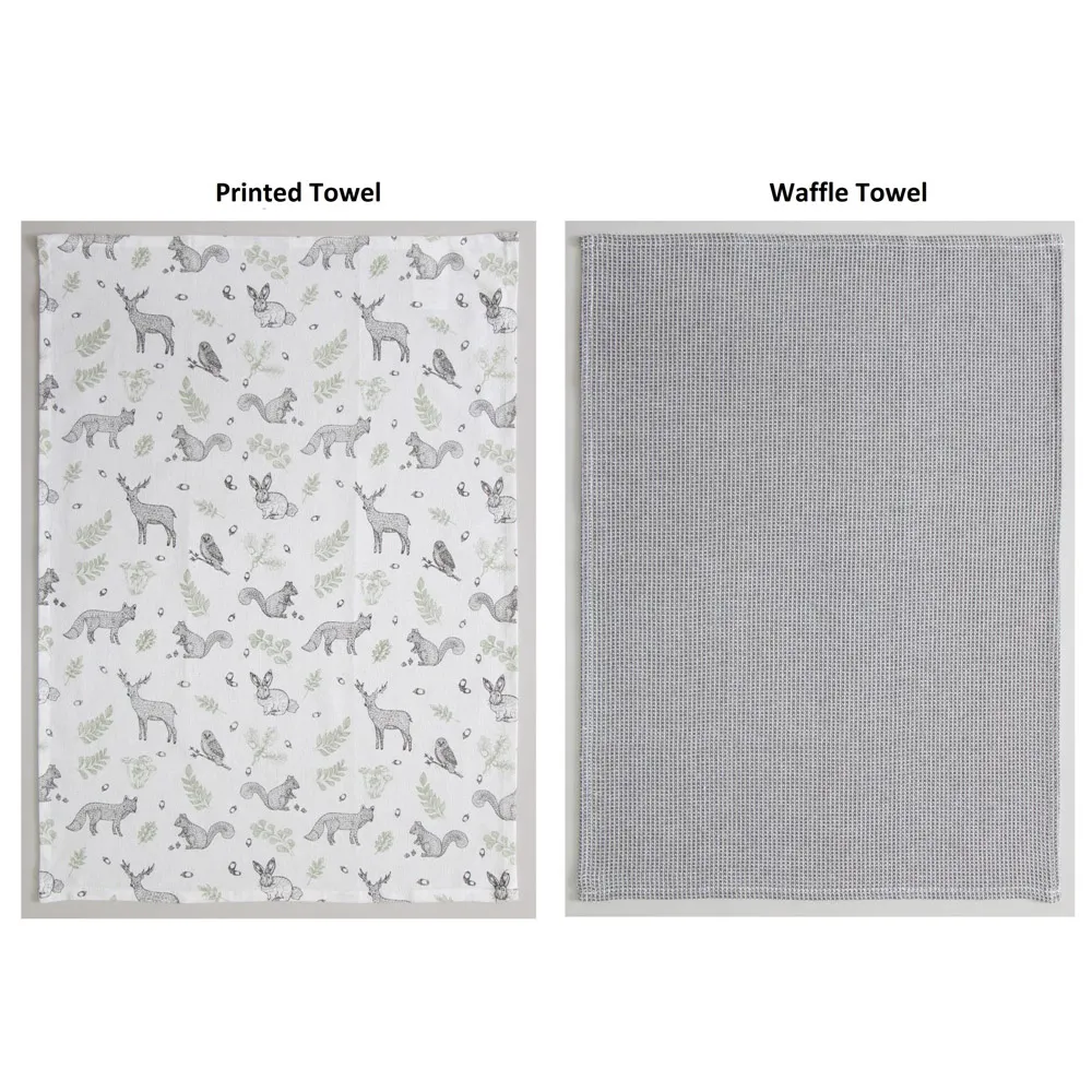 Woodland Kitchen Tea Towels 2 Pack - White, Cotton