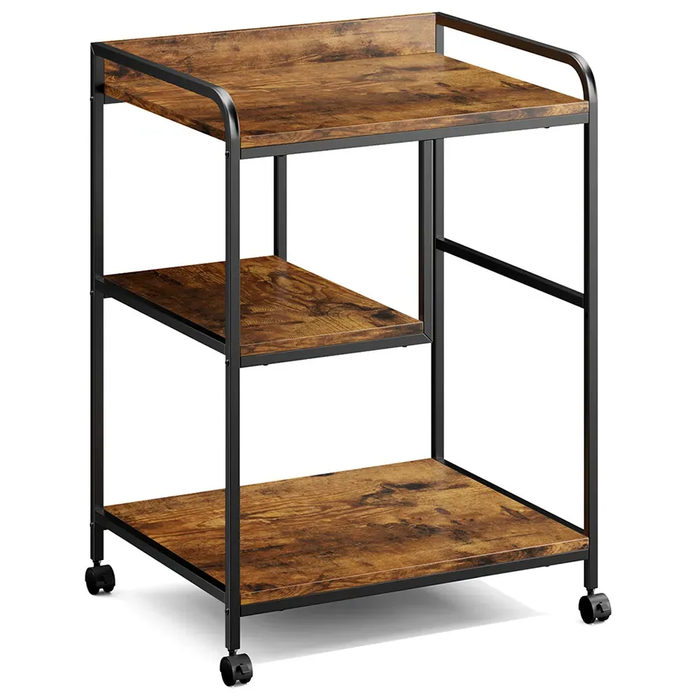 3 Shelf Wooden Printer Stand with Lockable Wheels - Brown
