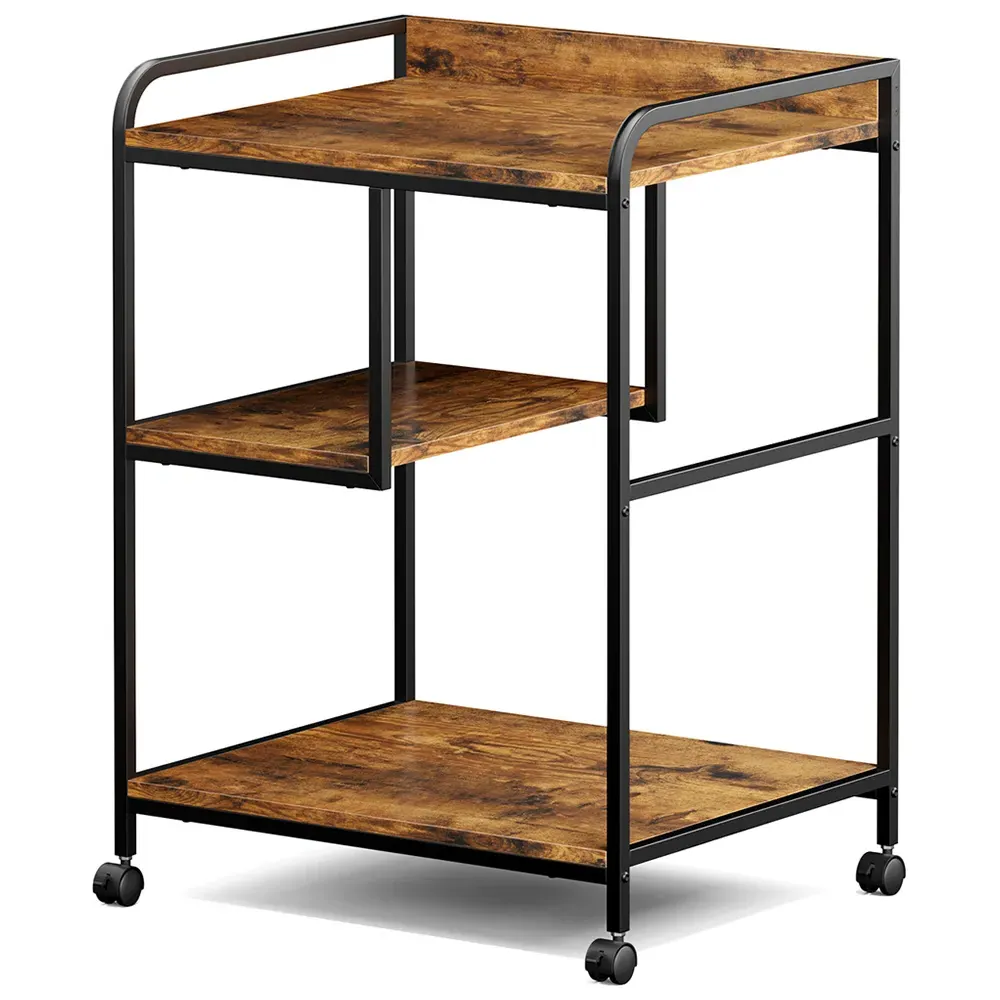 3 Shelf Wooden Printer Stand with Lockable Wheels - Brown