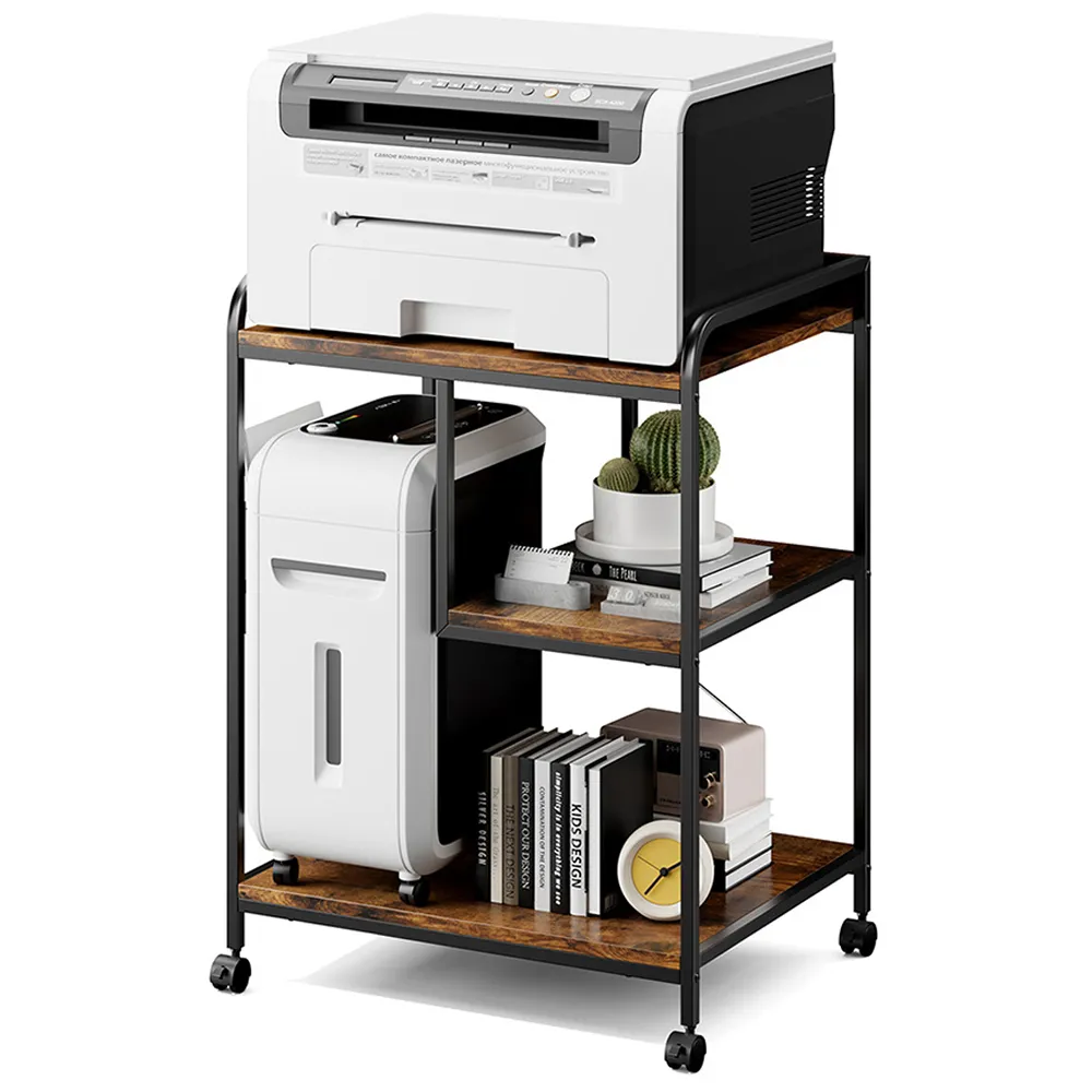 3 Shelf Wooden Printer Stand with Lockable Wheels - Brown
