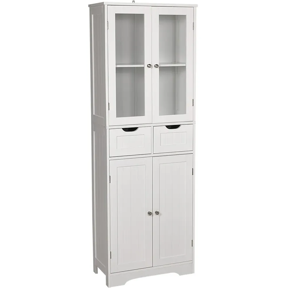 4 Door 2 Drawer Tall Storage Cabinet with Glass Door - White