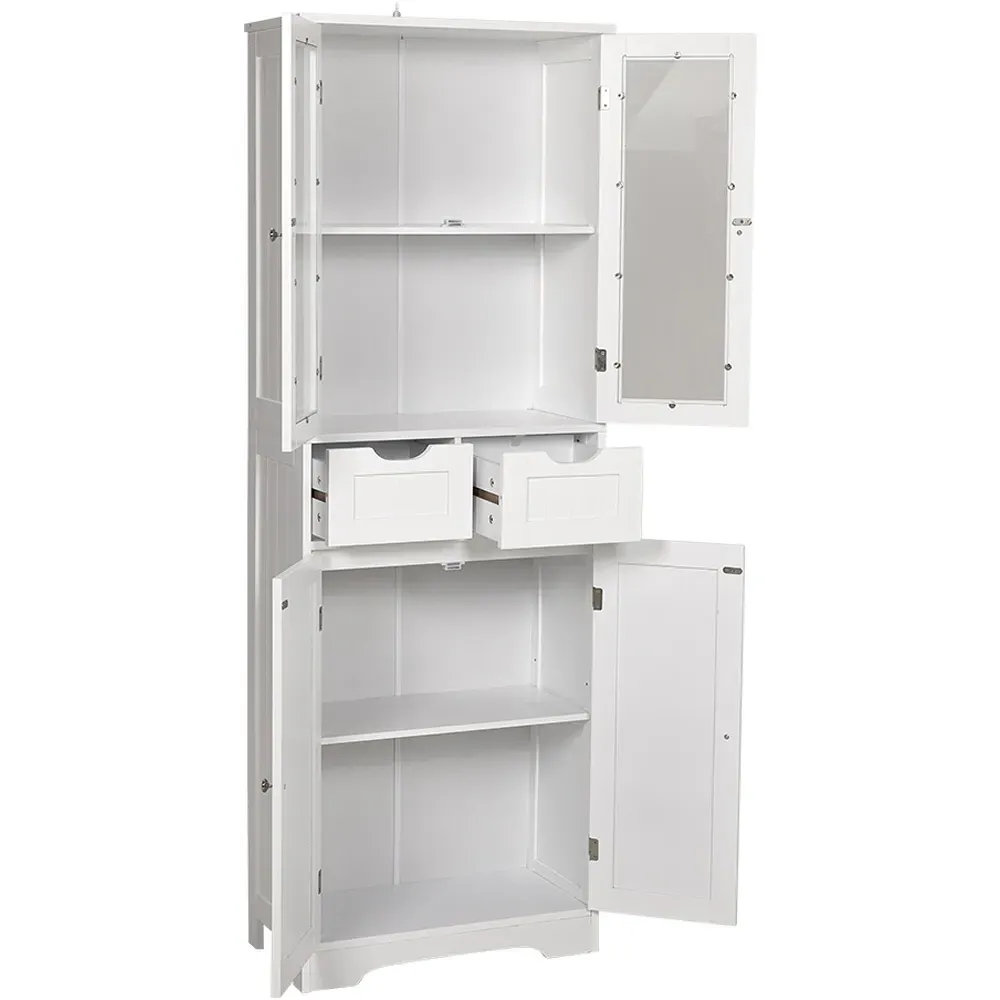 4 Door 2 Drawer Tall Storage Cabinet with Glass Door - White
