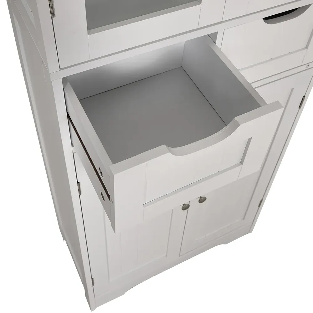 4 Door 2 Drawer Tall Storage Cabinet with Glass Door - White