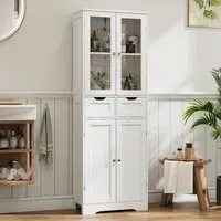 4 Door 2 Drawer Tall Storage Cabinet with Glass Door - White
