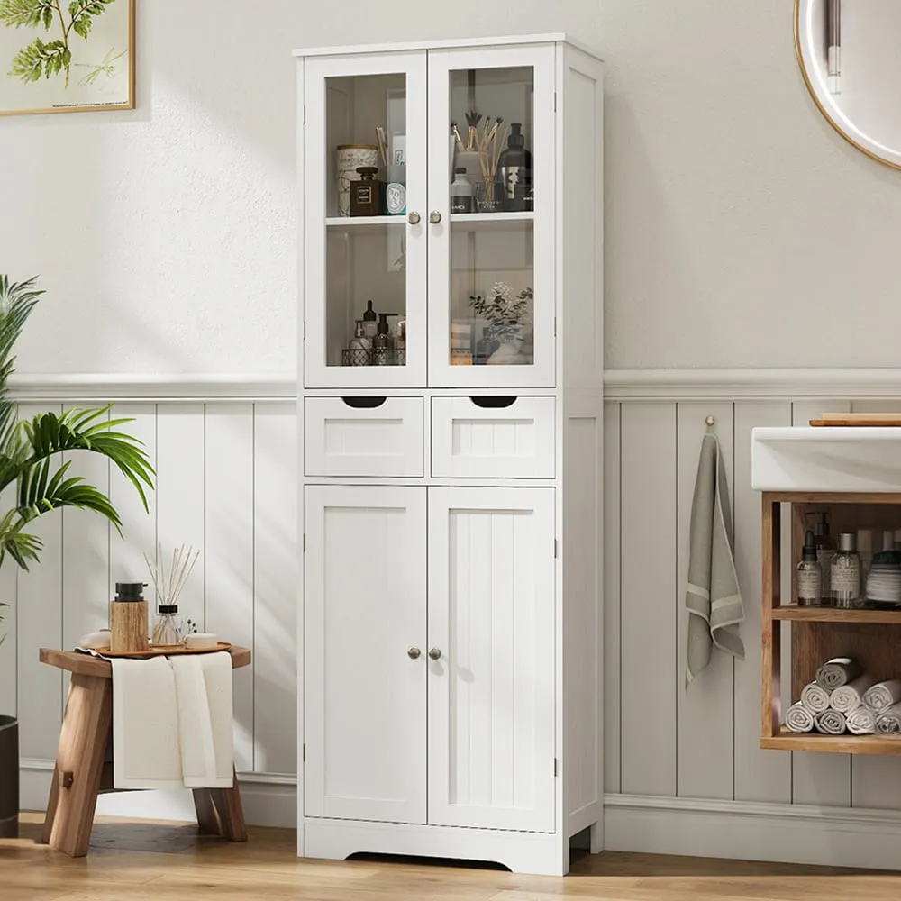 4 Door 2 Drawer Tall Storage Cabinet with Glass Door - White image