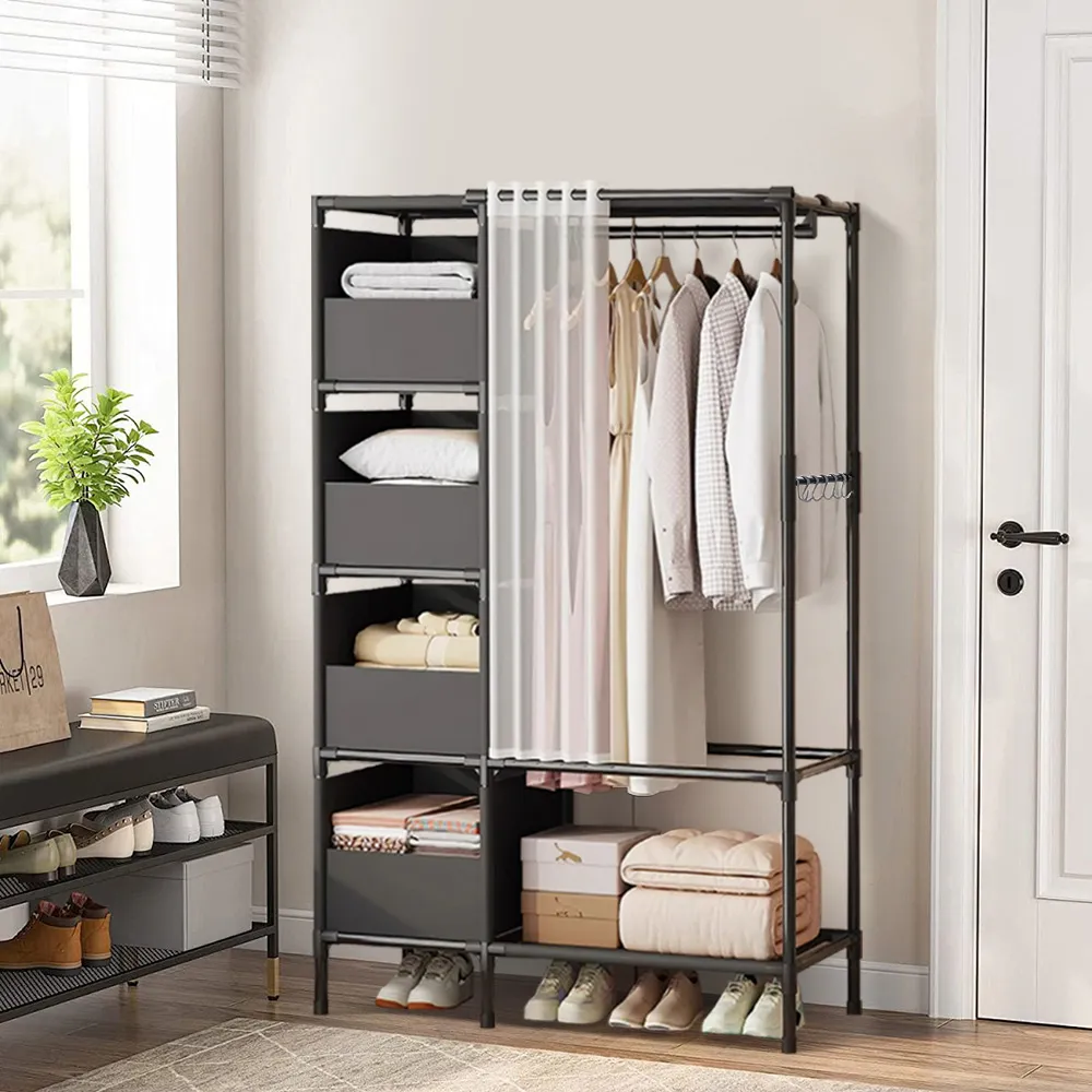 4 Shelf Portable Wardrobe with Hanging Rail - Black, Metal