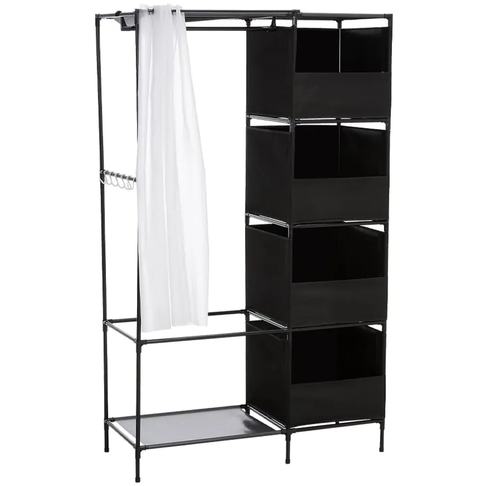 4 Shelf Portable Wardrobe with Hanging Rail - Black, Metal