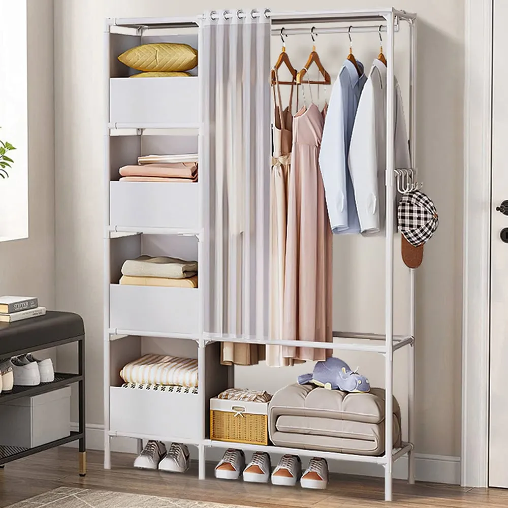 5 Shelf Portable Wardrobe with Hanging Rail - White, Metal