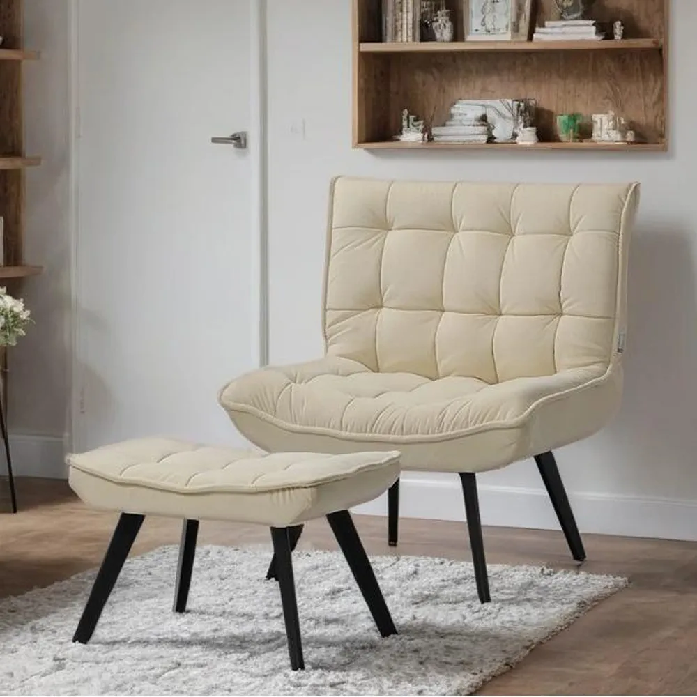 Accent Chair with Footstool - Cream, Velvet