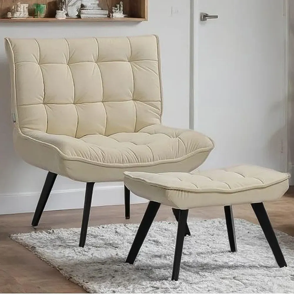 Accent Chair with Footstool - Cream, Velvet