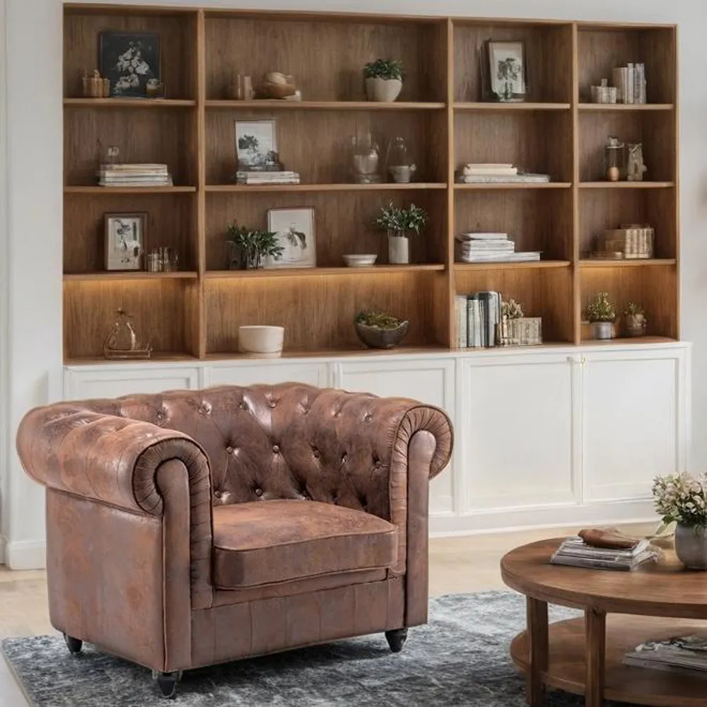 Mid Century Chesterfield Armchair - Brown, Leather