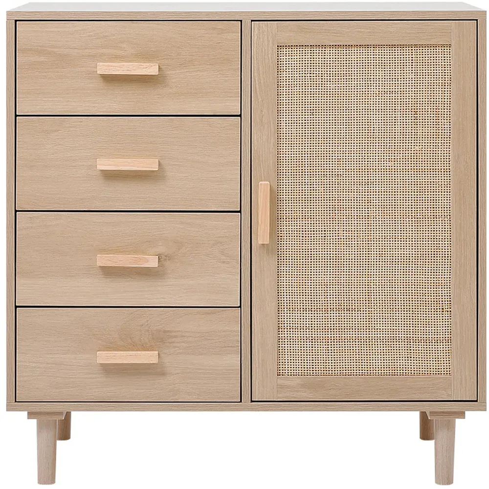 Single Door 4 Drawer Rattan Accent Side Cabinet - Cream