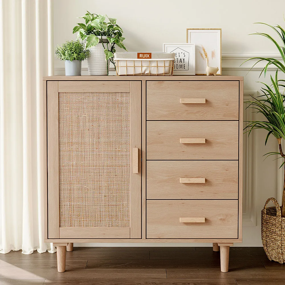 Single Door 4 Drawer Rattan Accent Side Cabinet - Cream