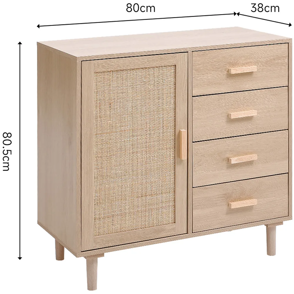 Single Door 4 Drawer Rattan Accent Side Cabinet - Cream