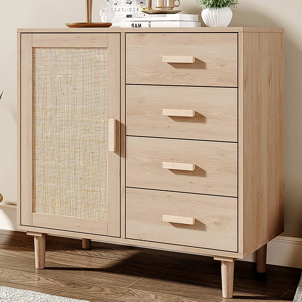 Single Door 4 Drawer Rattan Accent Side Cabinet - Cream image