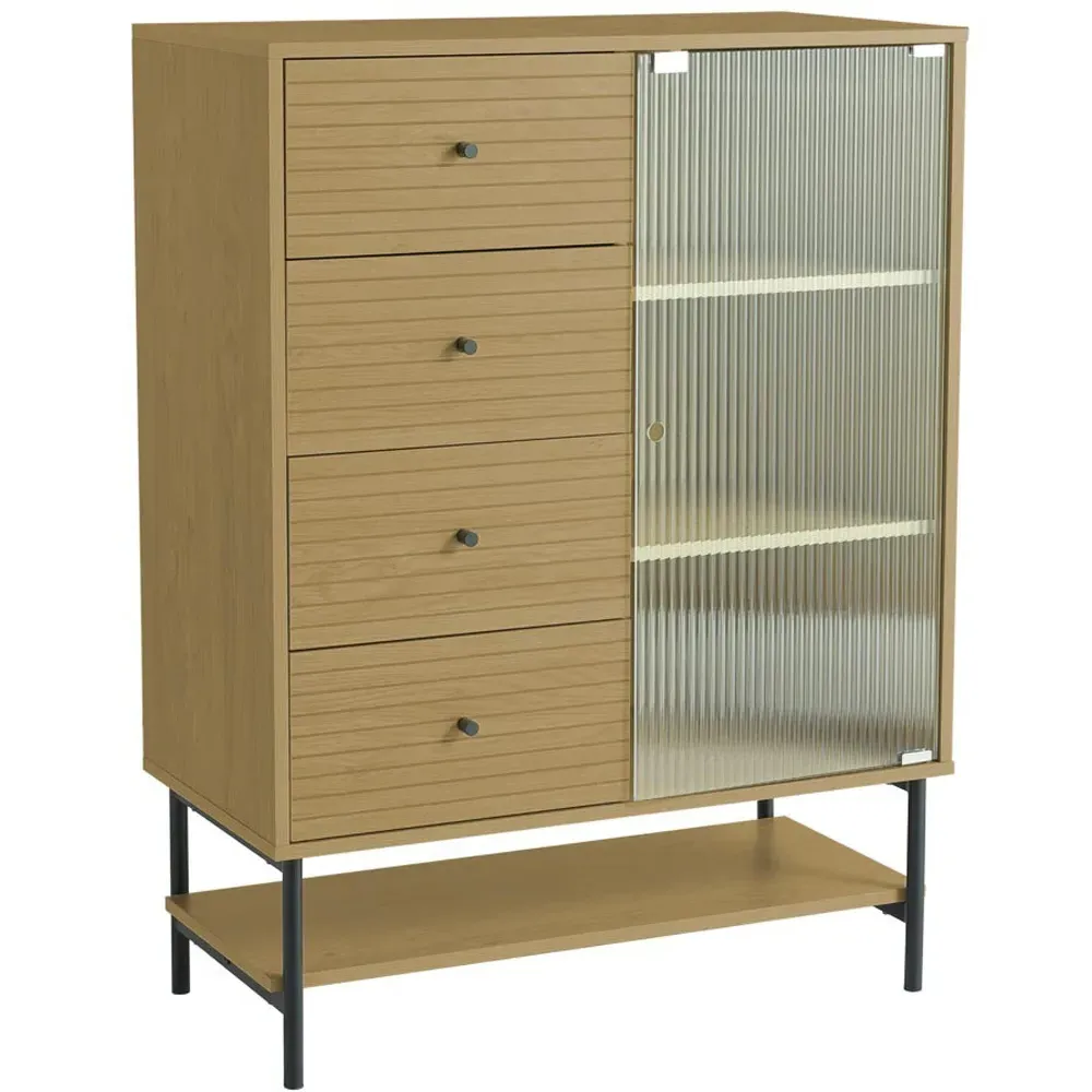 Single Door 4 Drawer Storage Cabinet with Fluted Glass - Cream