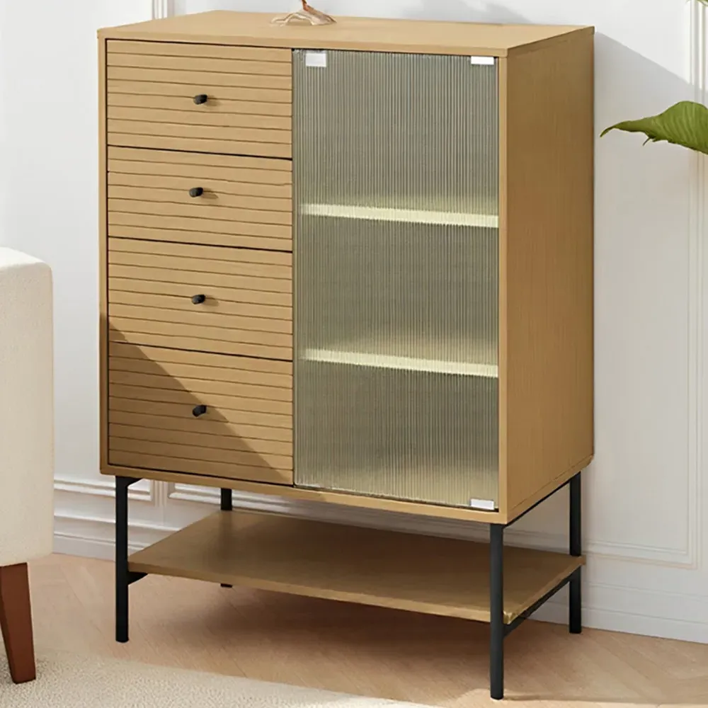 Single Door 4 Drawer Storage Cabinet with Fluted Glass - Cream image