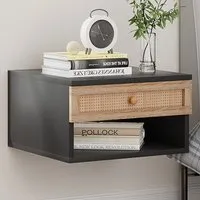 Single Drawer Floating Nightstand - Black, Woven Rattan