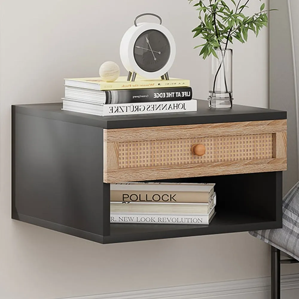 Single Drawer Floating Nightstand - Black, Woven Rattan image