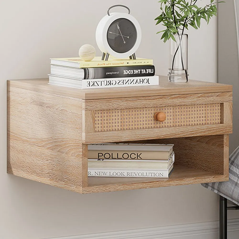 Single Drawer Floating Nightstand - Natural, Woven Rattan