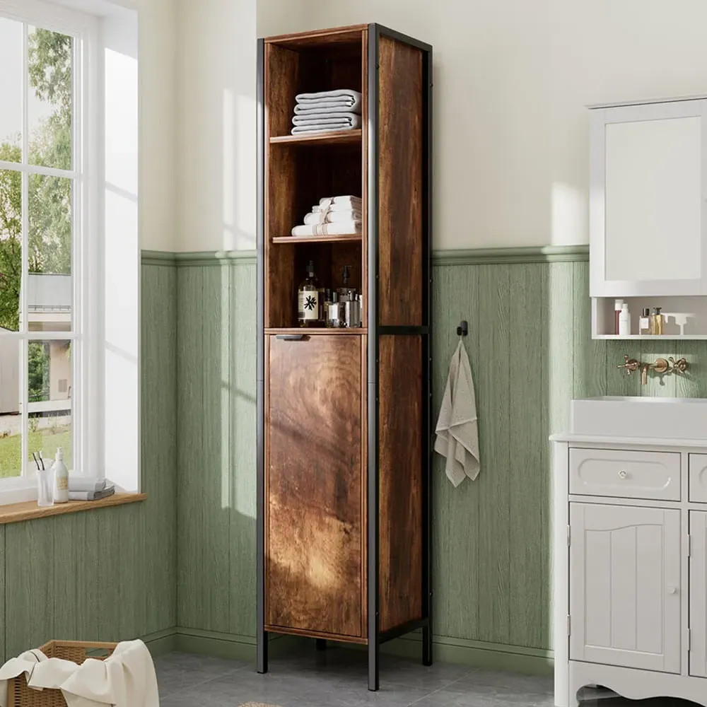 Single Magnetic Door 3 Shelf Tall Storage Cabinet - Brown image