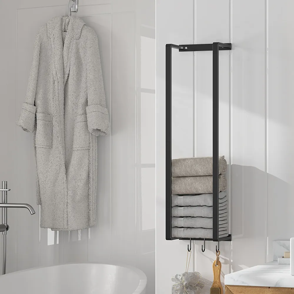 Single Shelf Wall Towel Rack with Hooks - Black, Steel