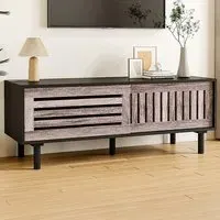 Slatted Sliding Door TV Stand - Black