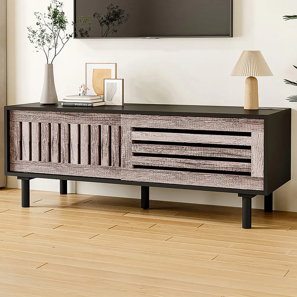 Slatted Sliding Door TV Stand - Black
